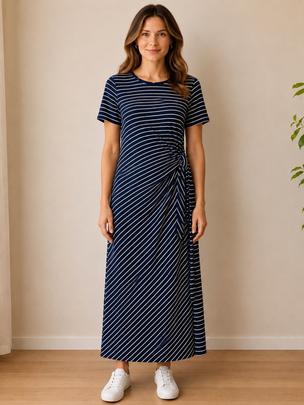 DKNY Navy White Striped Maxi Dress Draped Front Size M